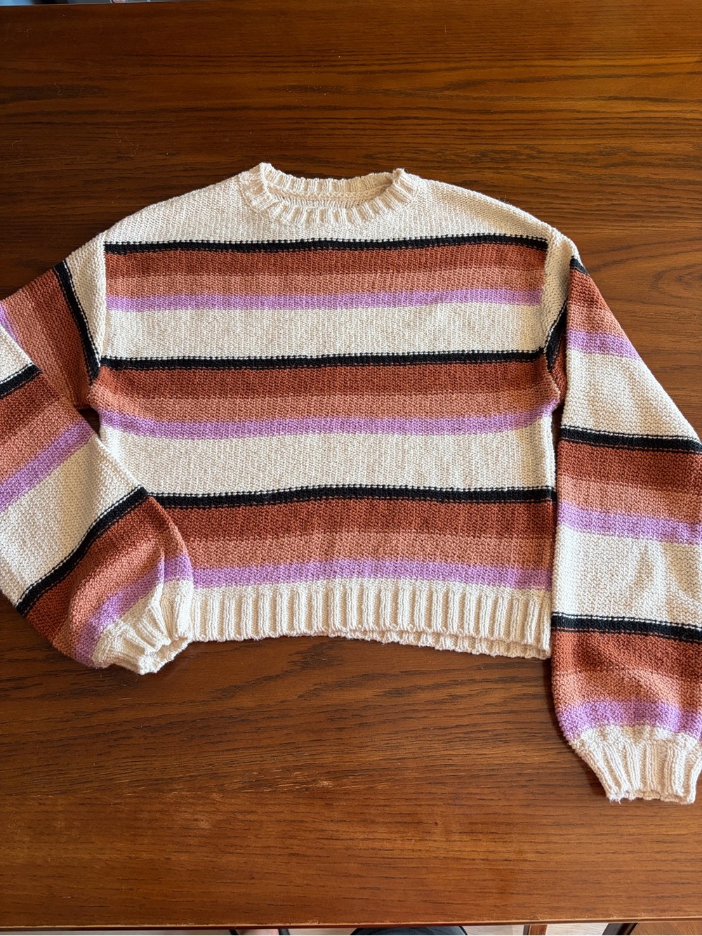 Billabong Striped Crewneck Sweater in Cream, Brown & Lavender